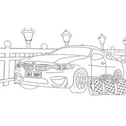 Coloriage BMW garée près d'une clôture avec un sac de voyage
