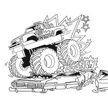 Coloriage Camion Monstre écrasant des voitures