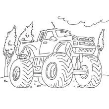 Coloriage Camion Monstre aux roues géantes dans la forêt
