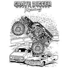 Coloriage Grave Digger le camion monstre écrase des voitures