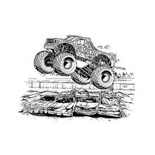 Coloriage Camion Monstre Blue Thunder sautant au-dessus de voitures écrasées