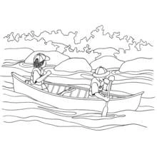 Coloriage Canot avec deux enfants pagayant sur une rivière
