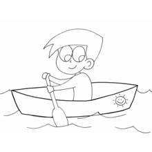 Coloriage Garçon ramant dans un canot sur l'eau