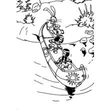 Coloriage Canot avec un lapin et des enfants pagayant