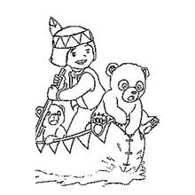 Coloriage Canot avec un enfant et deux petits oursons