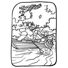 Coloriage Canot glissant sous une branche feuillue avec un oiseau
