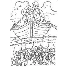 Coloriage Arielle et Éric sur une chaloupe avec des poissons
