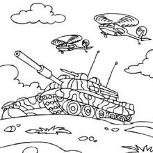 Coloriage Char avançant avec deux hélicoptères dans le ciel