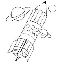 Coloriage Fusée en forme de crayon dans l'espace