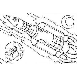 Coloriage Fusée volant dans l'espace près de la Terre et de la Lune