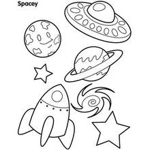 Coloriage Fusée et scène spatiale avec planètes et soucoupe