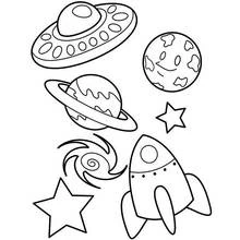 Coloriage Fusée avec ovni, planètes et étoiles dans l'espace