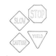 Coloriage Panneau routier avec Stop, Ralentir, Cédez le passage et Attention