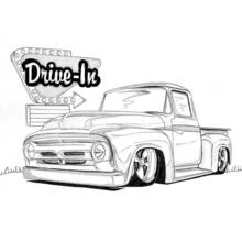 Coloriage Pick-up vintage devant une enseigne Drive-In