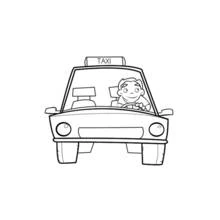 Coloriage Taxi de face, chauffeur souriant au volant