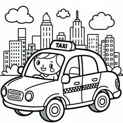 Coloriage Taxi conduit par un garçon en ville