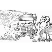 Coloriage Véhicule 4x4 en safari avec rhinocéros, éléphant et zèbre